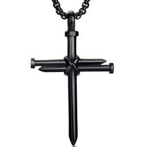 Cross 3 Nail Necklace Statement Piece Pendant Chain and Gift Pouch Black